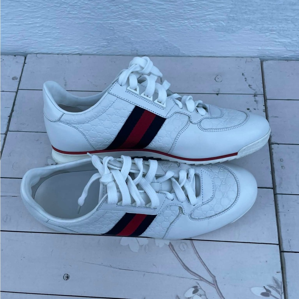 Gucci White Leather Sneakers with Red & Blue Web Stripe